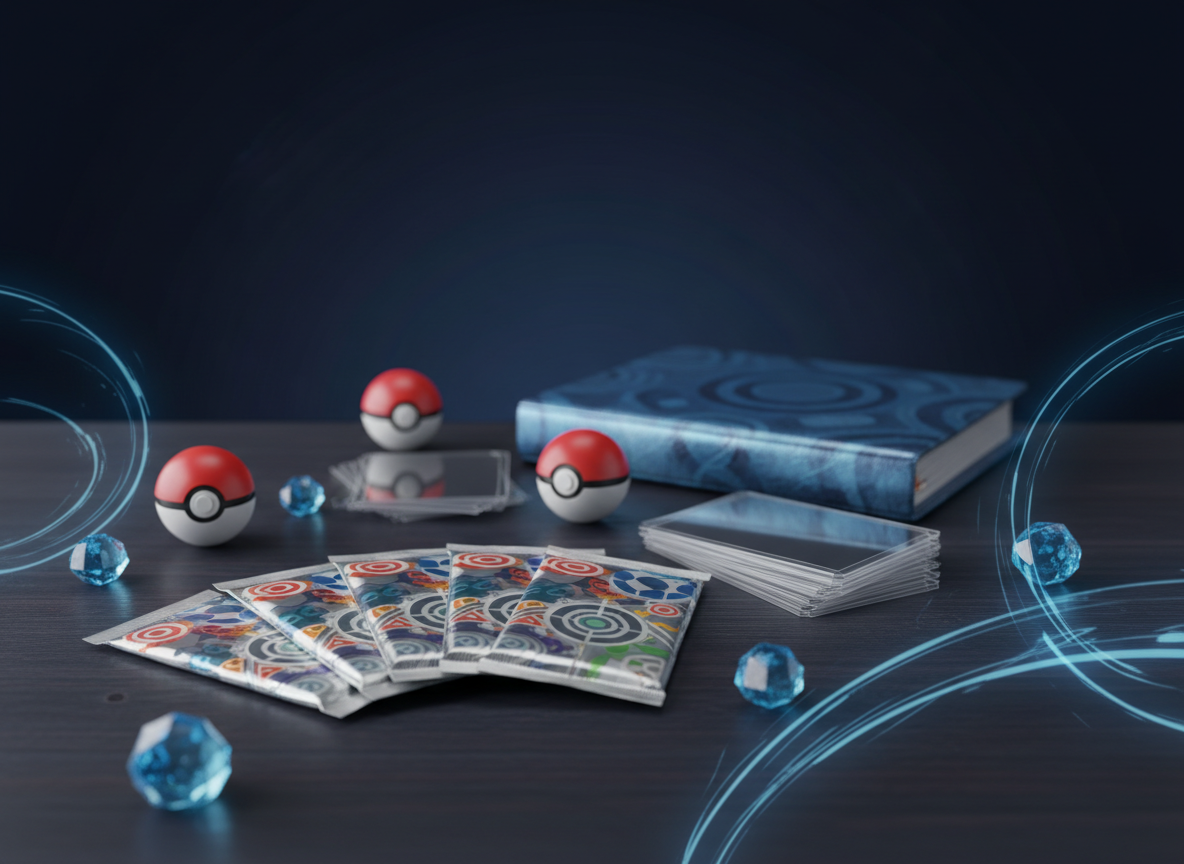 Forseglede Pokémon boosterpakker på et samlerbord med pokéballer og kortlommer